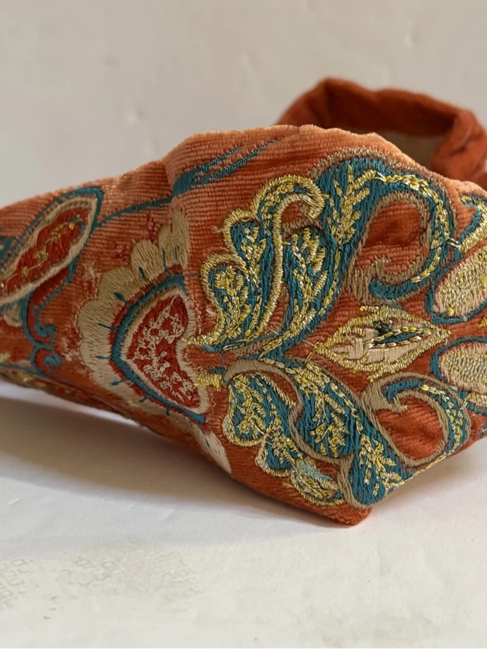 NWT Embroidered Velvet Headband Mediterranean Paisley Coral by Powder UK